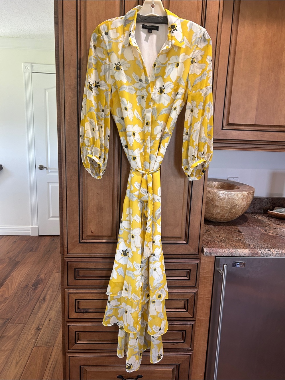 Banana Republic Yellow and White Floral Tie-Front Long Sleeve Dress